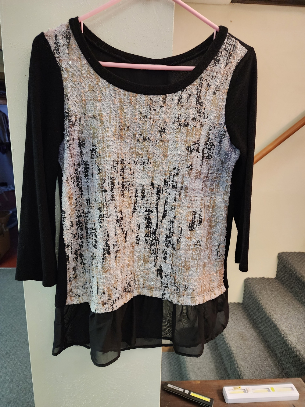 Le Lis Black Tunic with Multicolor Textured Front and Sheer Hem